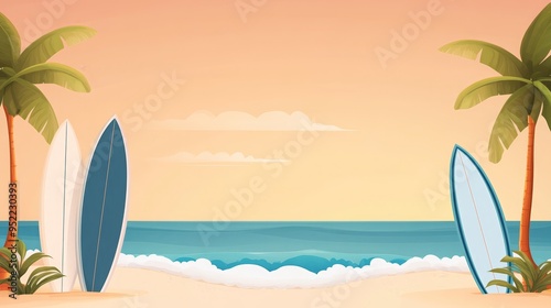 Illustration of a tropical beach with surfboards, palm trees, and ocean waves during sunset. Ideal for summer and vacation themes.