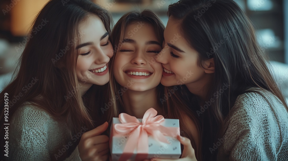 In homely atmosphere girl meets female three guests accepts congratulations gift Class mate female friends are happy to meet and kiss each other on cheek Hostess of house invite guests : Generative AI In homely atmosphere girl meets female three guests accepts congratulations gift Class mate female friends are happy to meet and kiss each other on cheek Hostess of house invite guests : Generative AI