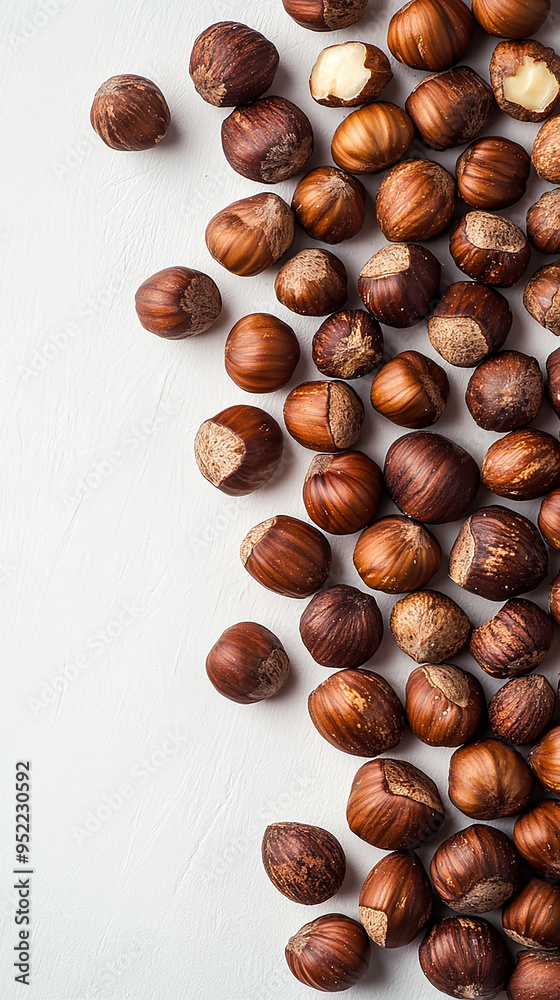 Obraz premium macro closeup flat lay food background photo of hazelnuts and blank text space at side