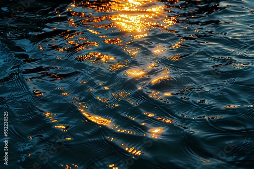 reflection of the setting sun on the water surface, golden light, ripples and waves on a dark background, top view. Abstract texture for design, print or wallpaper photo