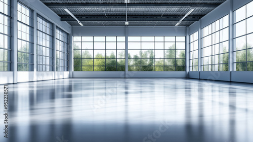 A clean, modern warehouse office space with large windows overlooking the warehouse floor, symbolizing the integration of administrative and operational functions.