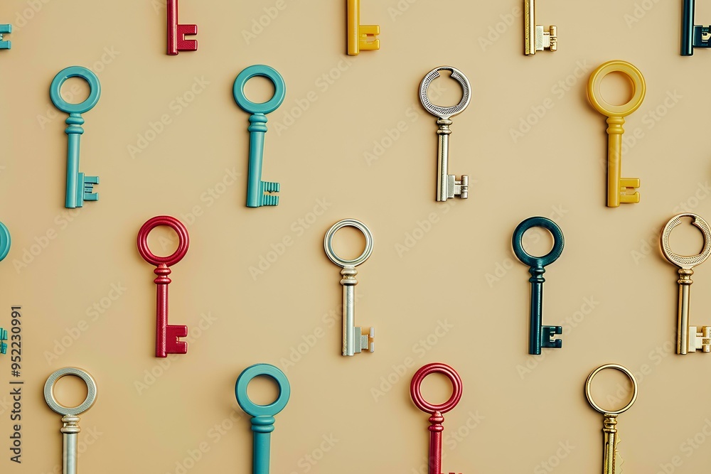 flat lay of colorful keys on a beige background, minimal concept, flat layout and clean pastel color palette with purple hues for real estate business flat lay of colorful keys on a beige background, minimal concept, flat layout and clean pastel color palette with purple hues for real estate business