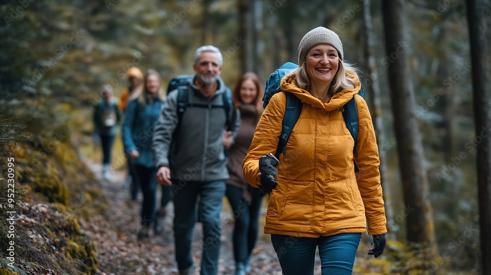 Multi generation family walking in line up the hill on a trail in a forest during a camping holiday Zlatibor Serbia Happy senior father and mother with adult woman child have fun on we : Generative AI
