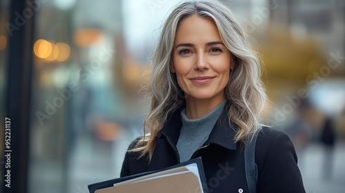 happy modern 40 years old business woman in business district in black jacket with documents and folder : Generative AI