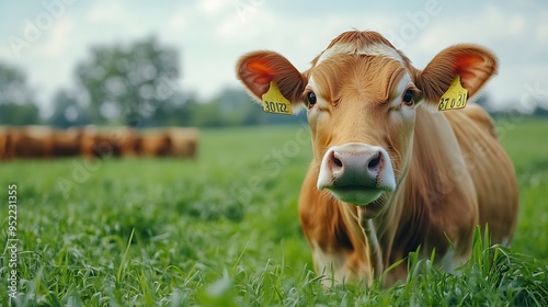 Farm animal cows and cattle farmer outdoor in countryside to care feed and raise animals on grass field for sustainable farming Man in beef industry while working with livestock in nat : Generative AI