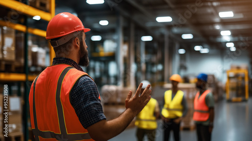 A warehouse training session in progress, with employees gathered around a safety demonstration, emphasizing training and safety. photo