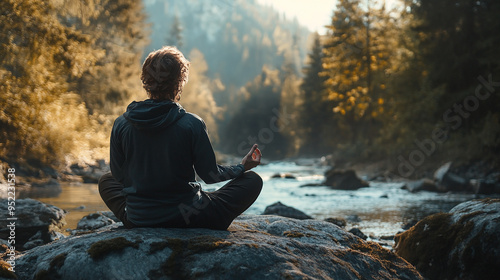 This image of a person meditating in nature resonates with mental health and relaxation themes photo