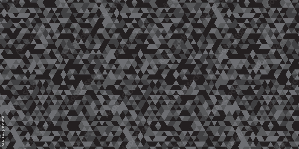 Abstract geometric black and gray background seamless mosaic and low polygon triangle texture wallpaper. Triangle shape retro wall grid pattern geometric ornament tile vector square element. Abstract geometric black and gray background seamless mosaic and low polygon triangle texture wallpaper. Triangle shape retro wall grid pattern geometric ornament tile vector square element.