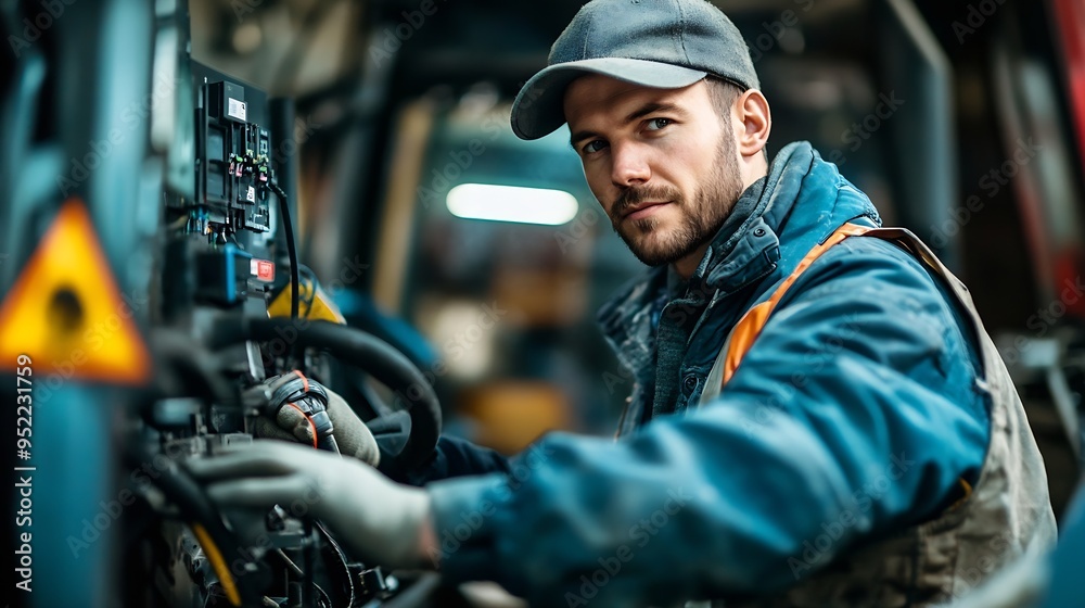 Young engineer installing autopilot system on tractor : Generative AI Young engineer installing autopilot system on tractor : Generative AI