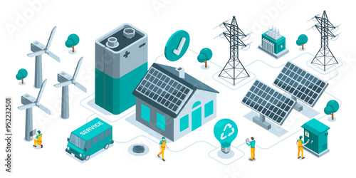 isometric concept of clean energy from the sun and wind in color on a white background, a battery with wind turbines and solar panels at home, green energy service