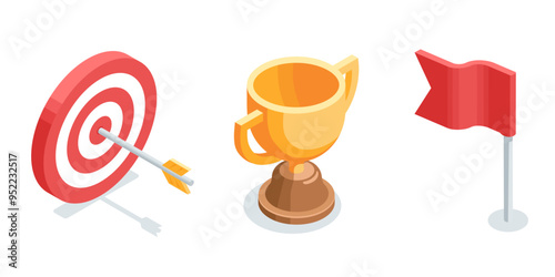 Isometric vector set of target and cup and flag icons, in color on white background, victory and achieving goal or winning in competition