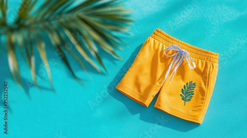 Bright yellow swim shorts with green leaf design, ideal for summer activities and beachwear, sitting on a turquoise background. photo