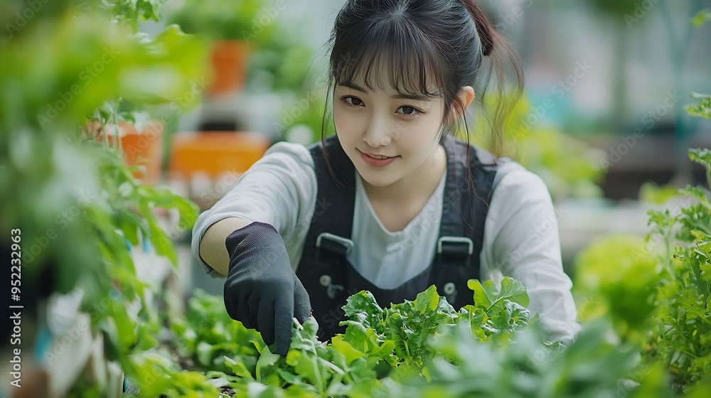 Asian woman gardener is harvesting organics vegetable while working at rooftop urban farming futuristic city sustainable gardening on limited space to reduce carbon footprint and food : Generative AI Asian woman gardener is harvesting organics vegetable while working at rooftop urban farming futuristic city sustainable gardening on limited space to reduce carbon footprint and food : Generative AI