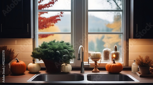 cozy kitchen window view fall garden seasonal decorations photo