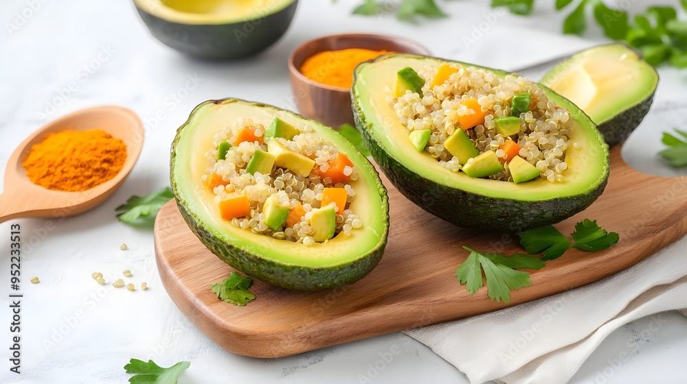 Delicious avocado halves filled with colorful quinoa and vegetable salad, showcasing healthy eating and vibrant ingredients. Delicious avocado halves filled with colorful quinoa and vegetable salad, showcasing healthy eating and vibrant ingredients.