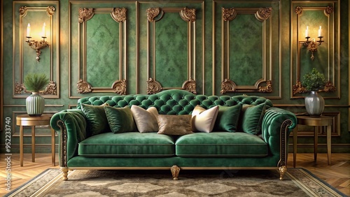 Emerald green velvet sofa glows against golden accents, ambient lighting, and plush rug, radiating grandeur and serenity.