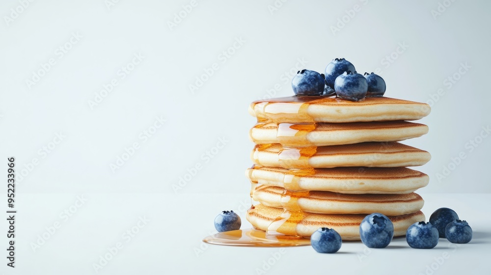 A detailed 3D rendering of a stack of fluffy pancakes topped with syrup and fresh blueberries, isolated on a white background A detailed 3D rendering of a stack of fluffy pancakes topped with syrup and fresh blueberries, isolated on a white background