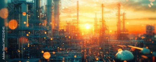 Oil refinery, detailed industrial scene with complex piping, sunset backdrop