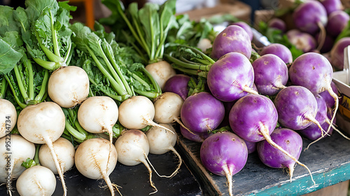 Market stall filled with fresh turnips Brassica rapa ready for buyers with a focus on organic produce