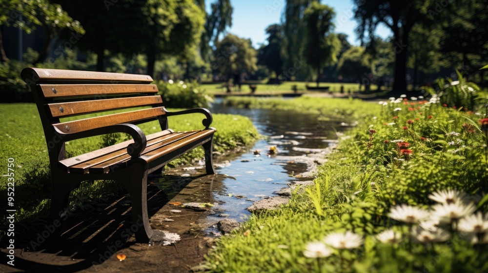 Beautiful green park near the lake with a bench Beautiful green park near the lake with a bench