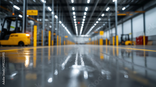 A warehouse with a focus on workplace safety, featuring clear signage, safety barriers, and well-marked pathways for forklifts and workers.