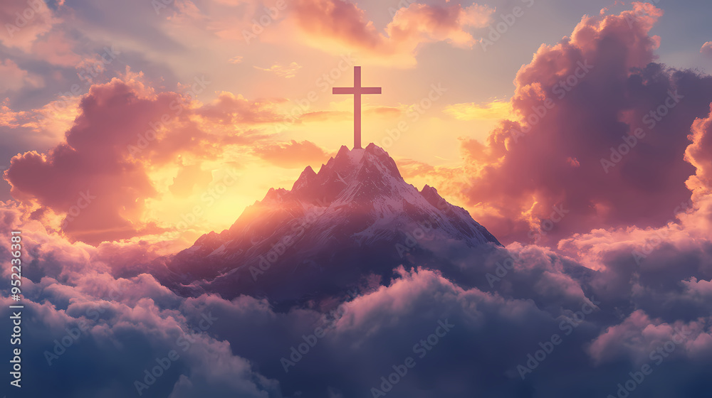 Christian cross on mountain peak surrounded by dramatic clouds during sunset with vibrant sky. Mountain. Illustration Christian cross on mountain peak surrounded by dramatic clouds during sunset with vibrant sky. Mountain. Illustration