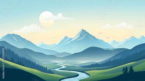 Illustration of a mountain range with clear skies and flowing rivers