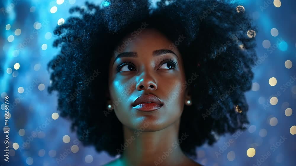 A woman with curly afro hair poses in front of a blue background with blurred lights, dreamy african american woman against the backdrop of a starry night sky A woman with curly afro hair poses in front of a blue background with blurred lights, dreamy african american woman against the backdrop of a starry night sky