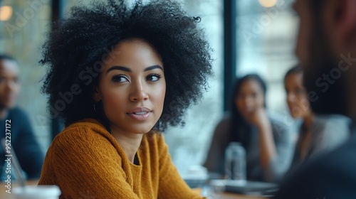 Wide shot of multiethnic business team talking at meeting table in office conference room brainstorming in coworking space with large window Project leader woman talking to colleagues : Generative AI