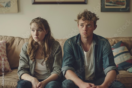 Young Couple Sitting in Tension on Couch - Relationship Strain in Modern Home Setting