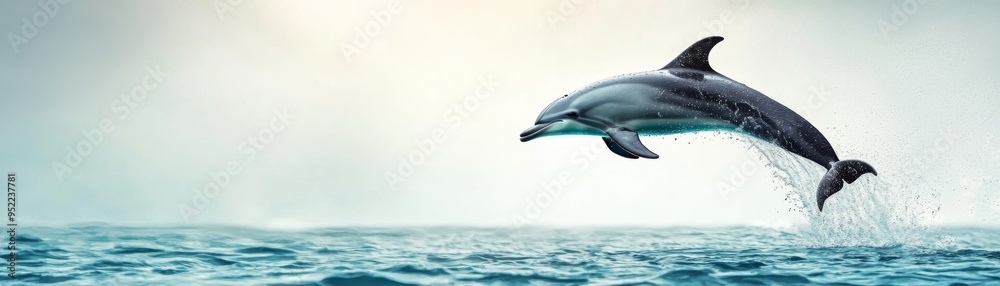 Naklejka premium A stunning dolphin leaps gracefully above the shimmering ocean surface, showcasing the beauty of marine wildlife and nature.