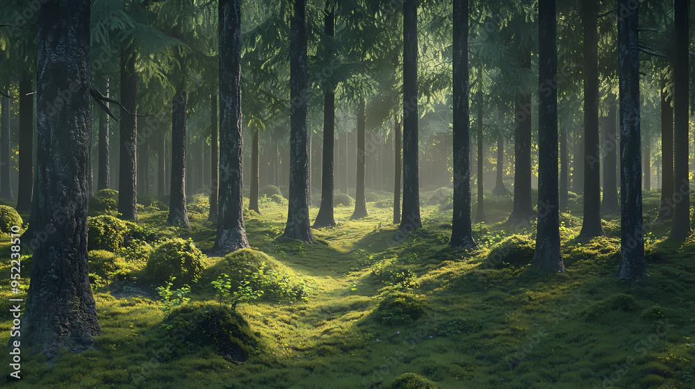 Fototapeta premium Enchanted pine forest landscape with soft morning sunlight, mossy woodland floor with tall evergreen trees, ethereal foggy forest scenery