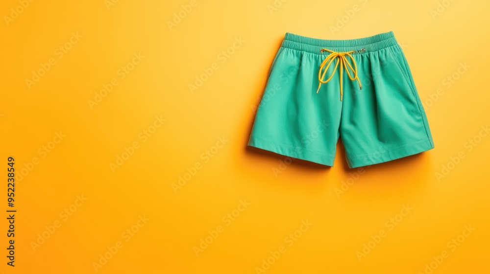 Stylish teal swim shorts with orange drawstring against a vibrant yellow background, perfect for summer fashion shoots. Stylish teal swim shorts with orange drawstring against a vibrant yellow background, perfect for summer fashion shoots.