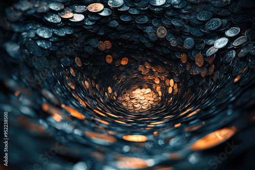 Wallpaper Mural A mesmerizing downward spiral of coins, a visual representation of the allure and potential danger of wealth. Torontodigital.ca