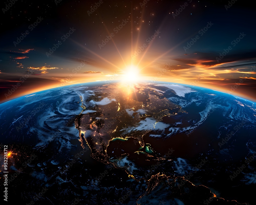 Fototapeta premium Dramatic Sunrise Over Planet Earth Illuminating Continents with Hope and Renewal Concept