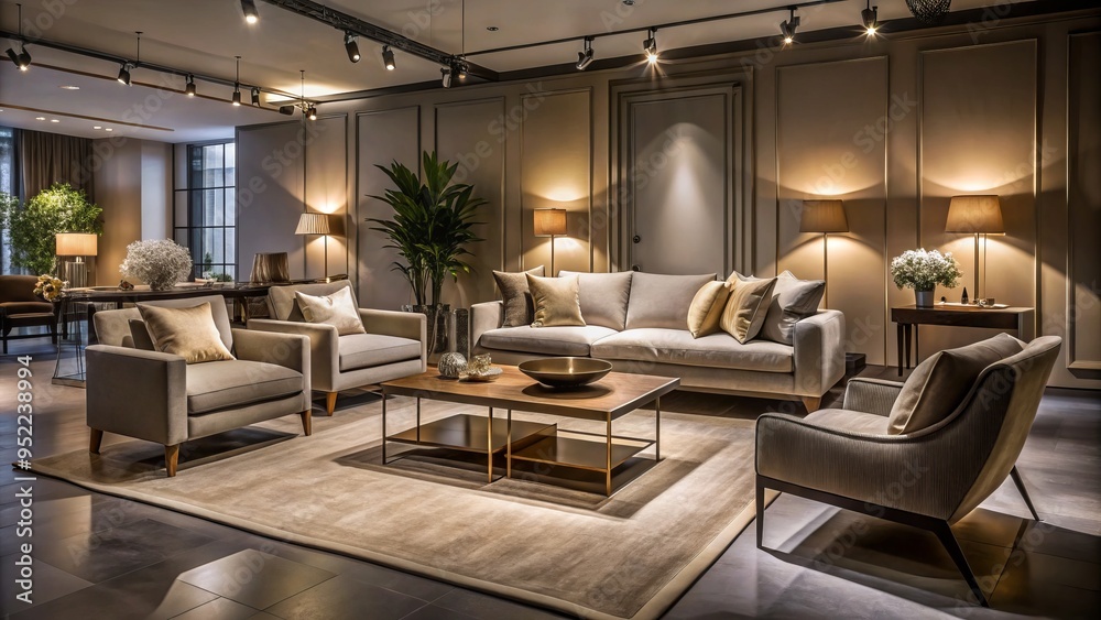 Fototapeta premium In a serene oasis, affordable luxury furniture unfolds, its sleek lines and subtle curves reflecting the tranquil atmosphere of Waterford Cork Road, bathed in soft twilight glow.