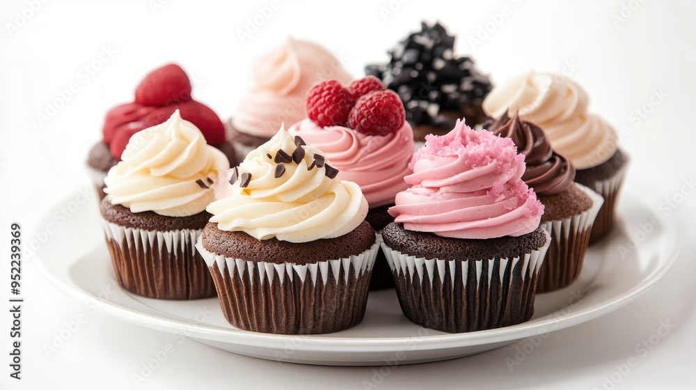A selection of beautifully decorated cupcakes on a white plate, with a pristine white background highlighting their details. A selection of beautifully decorated cupcakes on a white plate, with a pristine white background highlighting their details.