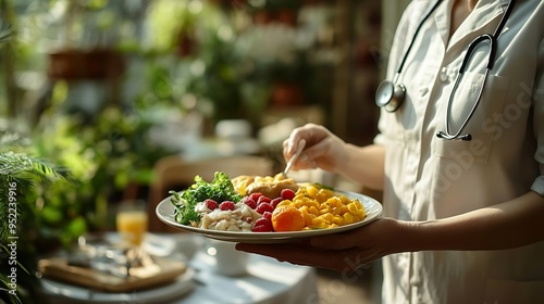 Elderly patient having support health care service by nurse in a old people home providing residential care by bringing breakfast to her senior man occupant medical care of retirement  : Generative AI