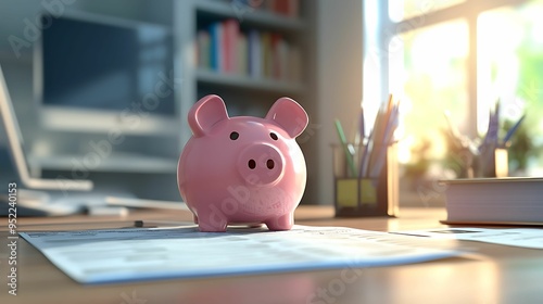 Wallpaper Mural A pink piggy bank sits on an office desk, illuminated by warm sunlight, symbolizing savings, financial planning, and investment in a work environment. Torontodigital.ca