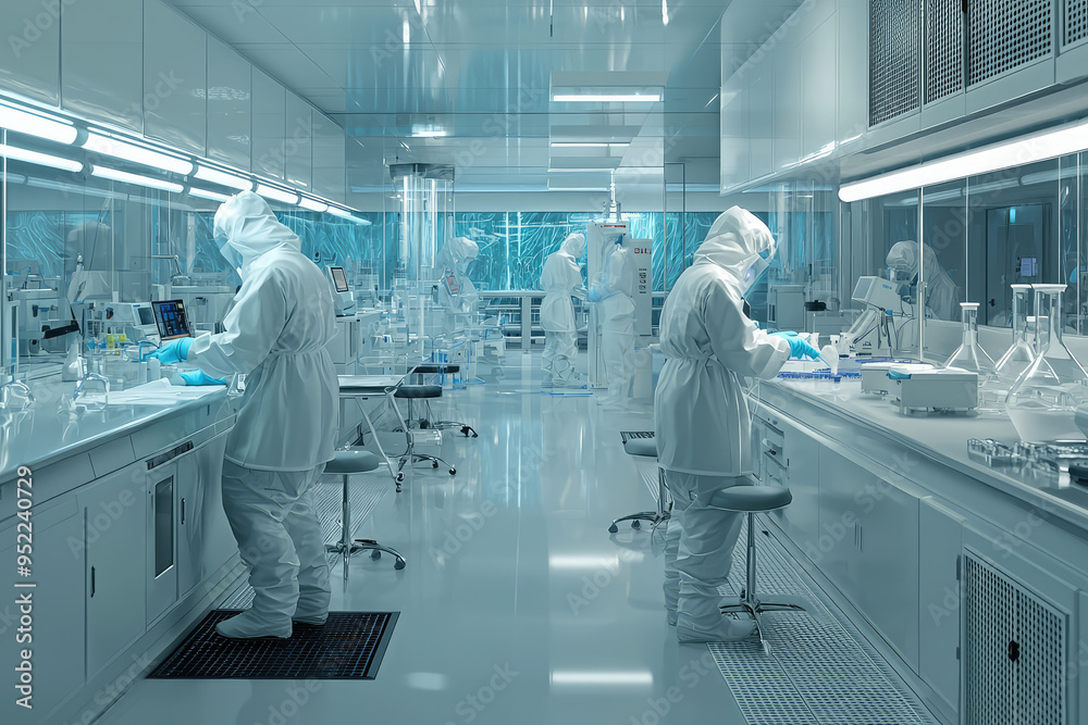 Naklejka premium Inside a High-Security Biohazard Lab: Scientists in Hazmat Suits Conduct Research Amidst Sterile Equipment.