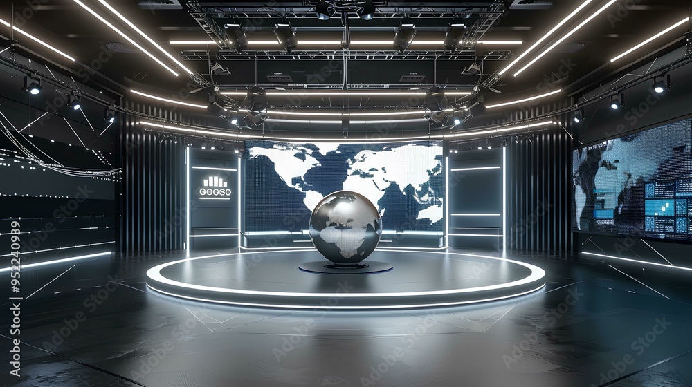 3D rendering of a virtual studio set for a news or stock market show with a large round stage and LED screen wall. design features a circular podium in the center perfect interview platform 3D rendering of a virtual studio set for a news or stock market show with a large round stage and LED screen wall. design features a circular podium in the center perfect interview platform