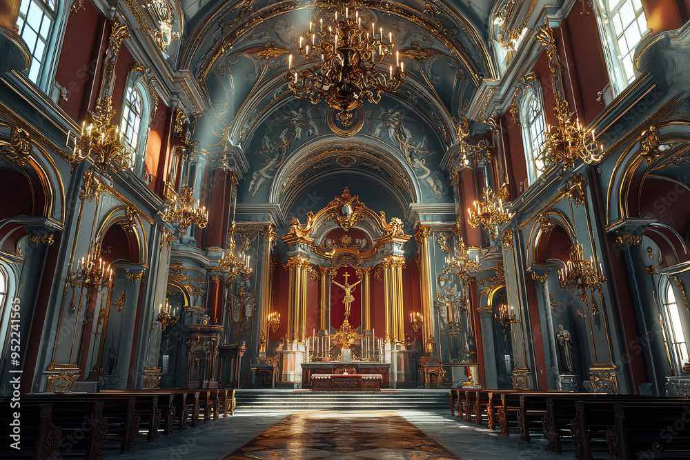 Golden rays illuminate the ornate interior of a Baroque-style church, highlighting the intricate details and the grandeur of faith. Golden rays illuminate the ornate interior of a Baroque-style church, highlighting the intricate details and the grandeur of faith.