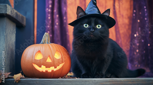 A black cat with piercing green eyes, donning a tiny witch hat, sits beside a glowing jack-o-lantern on a wooden porch, the background adorned with shimmering purple and blue accen photo