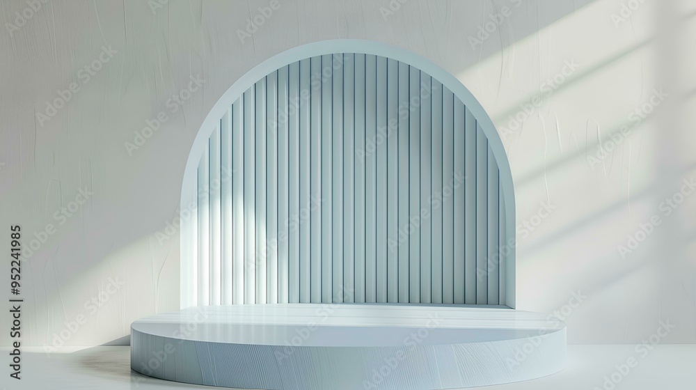 light blue podium with a white background and an arched wall behind it, creating a minimalist scene for product display or presentation mockup design light blue podium with a white background and an arched wall behind it, creating a minimalist scene for product display or presentation mockup design