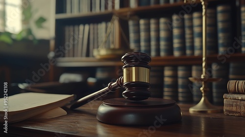 Close-up of a gavel resting on a desk in a law library, surrounded by legal books and scales of justice, symbolizing legal authority and scholarship.