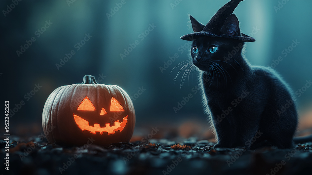 A sleek black cat with a tiny witch hat sits gracefully next to a glowing jack-o-lantern, with shimmering silver and cobalt blue accents reflecting off a dark, velvety background. A sleek black cat with a tiny witch hat sits gracefully next to a glowing jack-o-lantern, with shimmering silver and cobalt blue accents reflecting off a dark, velvety background.