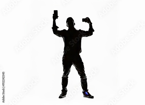 Silhouette of a male capturing moments with smartphones against a bright background. photo