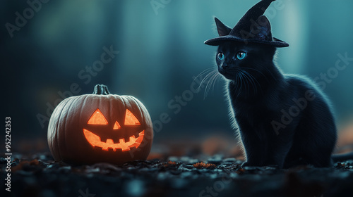 A sleek black cat with a tiny witch hat sits gracefully next to a glowing jack-o-lantern, with shimmering silver and cobalt blue accents reflecting off a dark, velvety background.