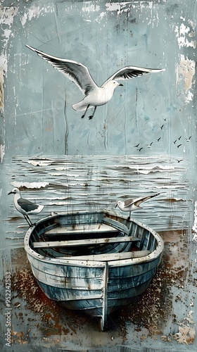 a wooden boat and seagulls illustration poster background photo