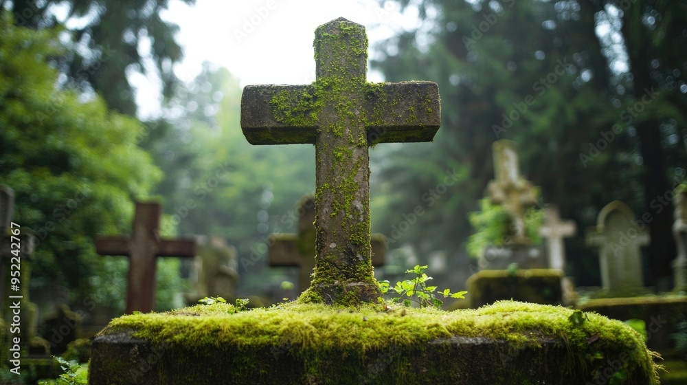 A low-angle view of a mossy concrete cross in a historic cemetery, emphasizing the aged beauty and spiritual significance. A low-angle view of a mossy concrete cross in a historic cemetery, emphasizing the aged beauty and spiritual significance.